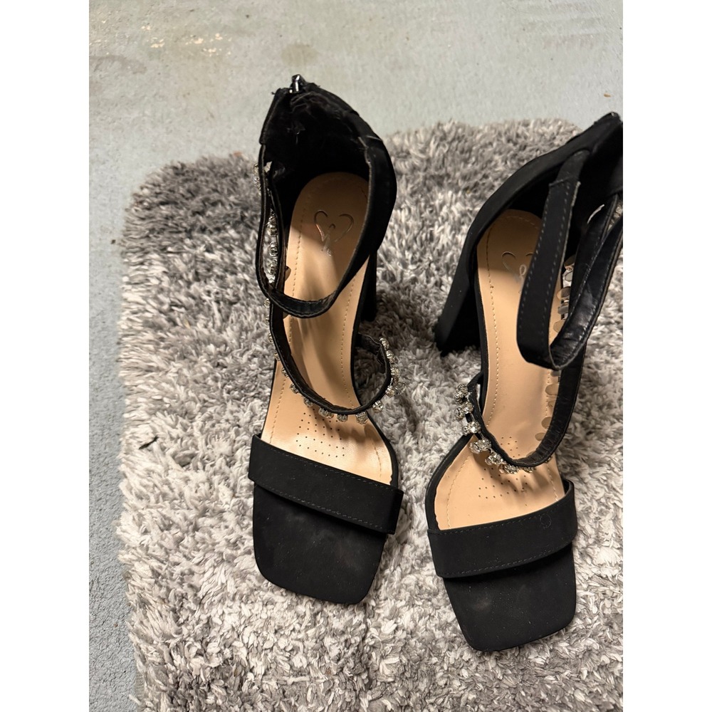 Windsor Black Rhinestone Embellished Ankle Strap Block Heel Sandals Size 8 - Picture 2 of 6
